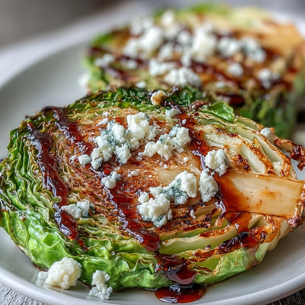 Vibrant green Crispy Cabbage Steaks With Feta and Balsamic topped with herbs.