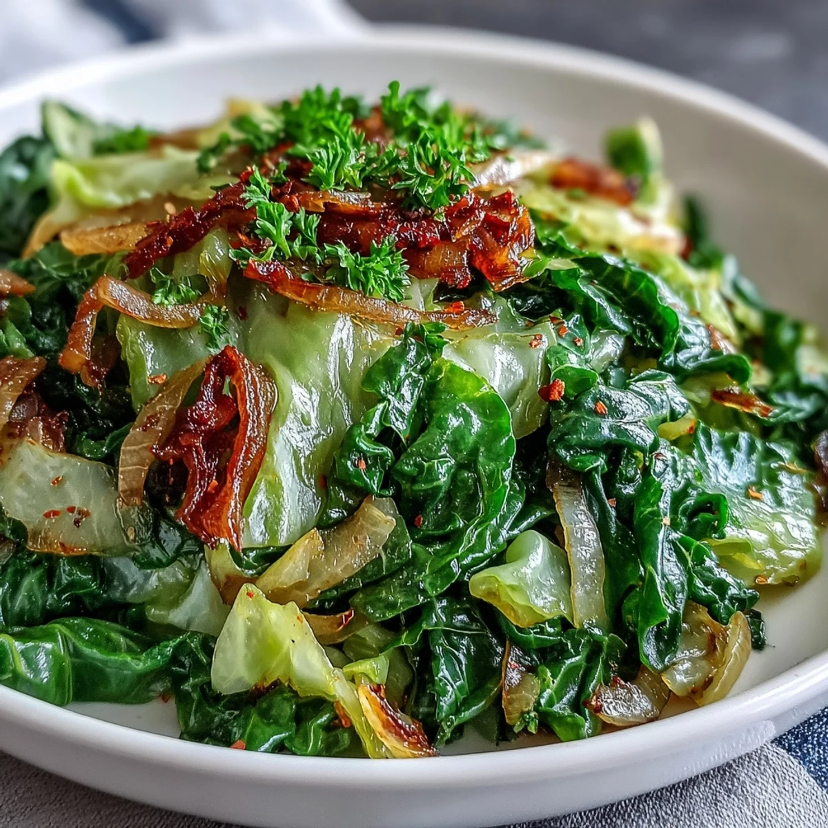 Freshly sautéed cabbage with garlic and Mediterranean spices glistens in a skillet, topped with bright parsley and lemon wedges.