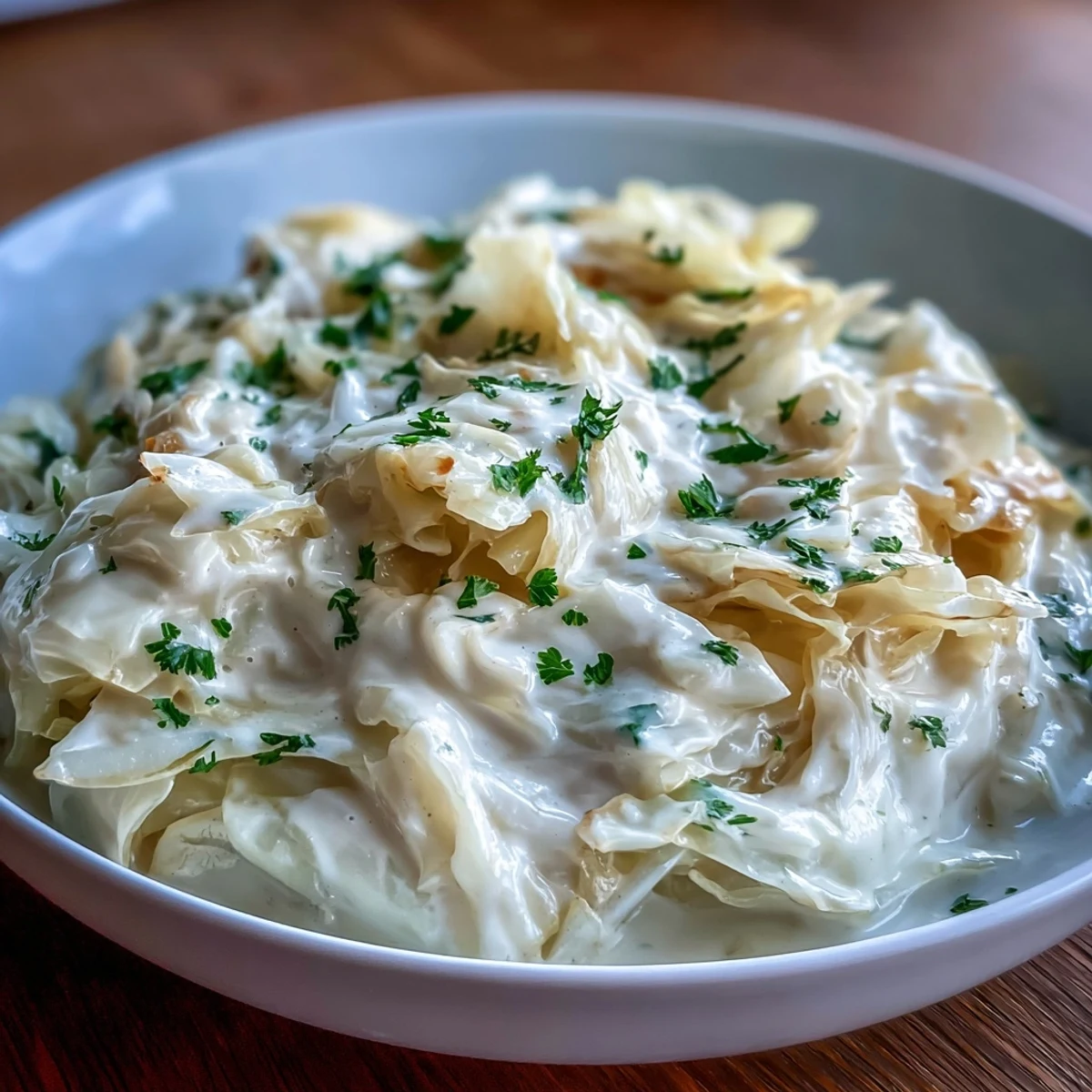 Creamy, tender cabbage simmered in a silky sauce, garnished with fresh parsley as a comforting side dish.