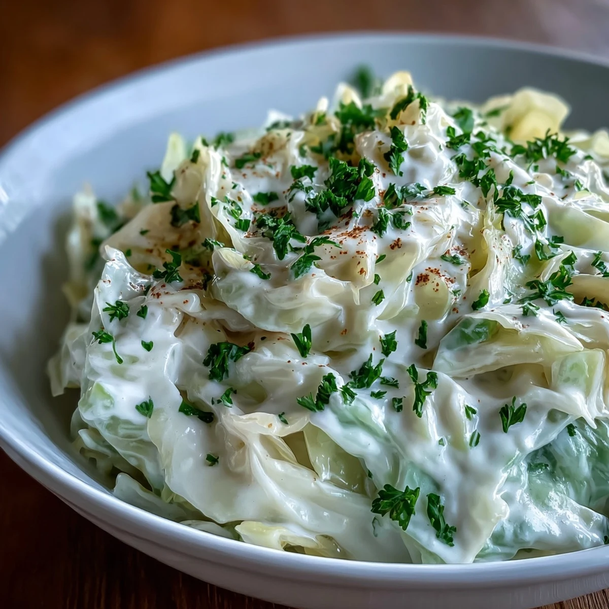 Tender cabbage tossed in a light, creamy nutmeg sauce in a white bowl, garnished with chopped fresh parsley.