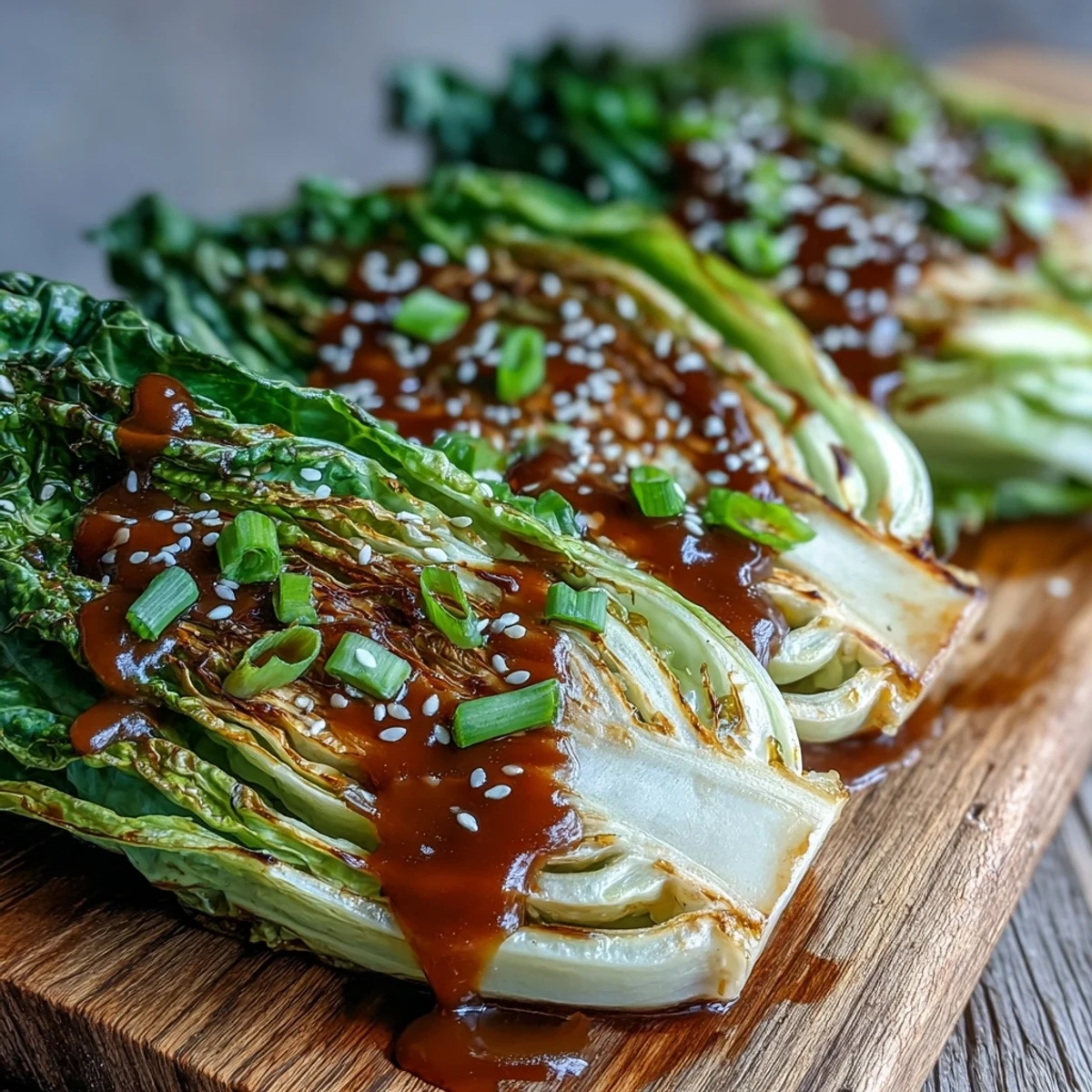 Golden-brown miso butter roasted cabbage wedges with toasted sesame seeds and green onions on a platter.
