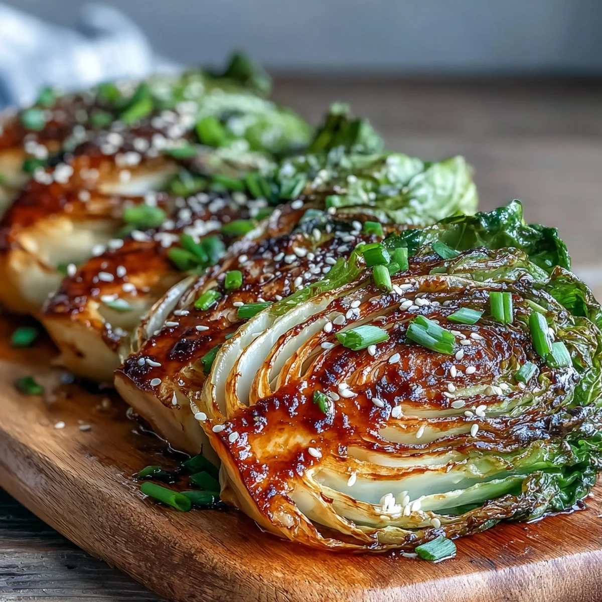 Tender cabbage wedges glazed with savory miso butter and honey on a baking tray ready to serve.