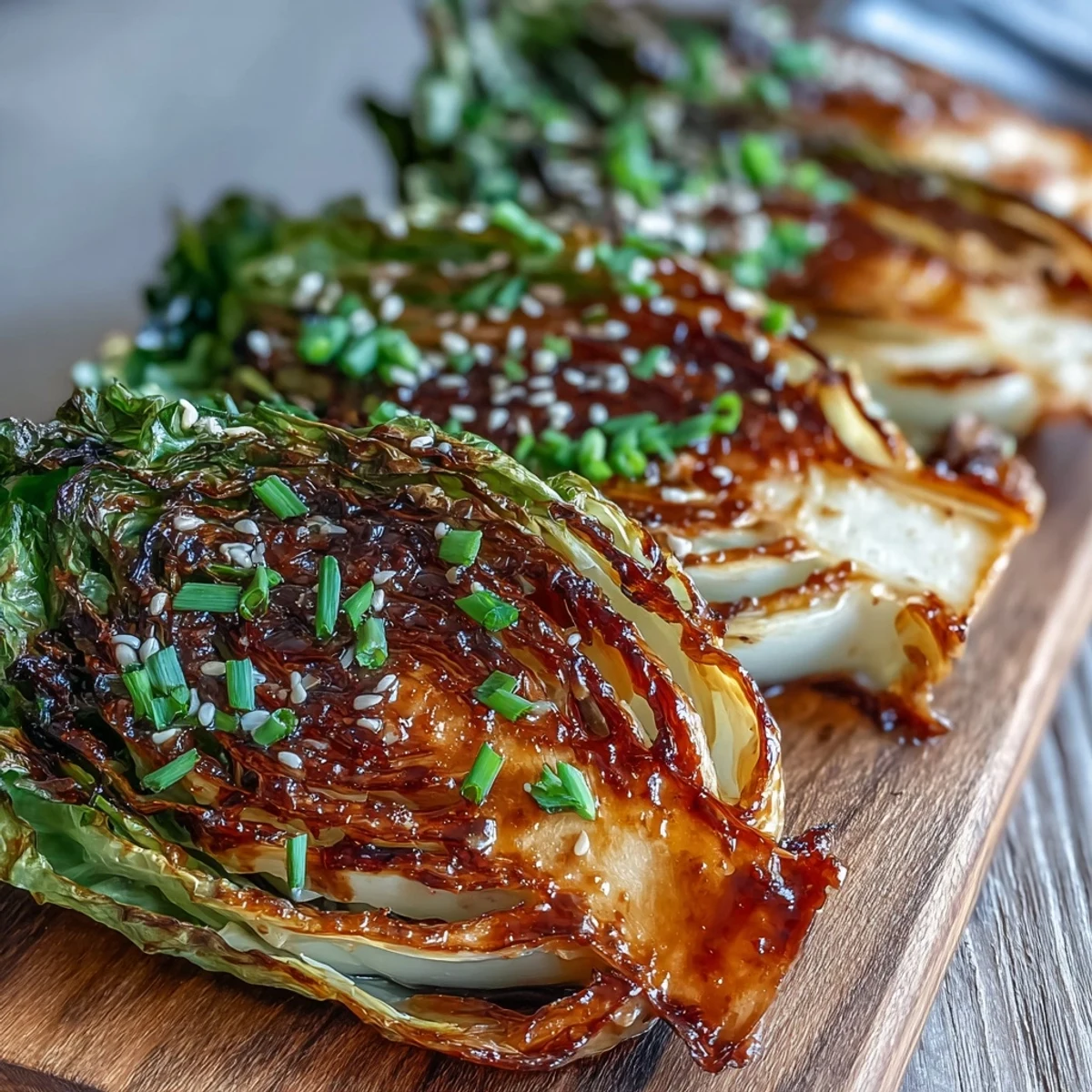 Roasted Miso Butter Cabbage Wedges garnished with sesame seeds and scallions, served as a flavorful vegetarian side.