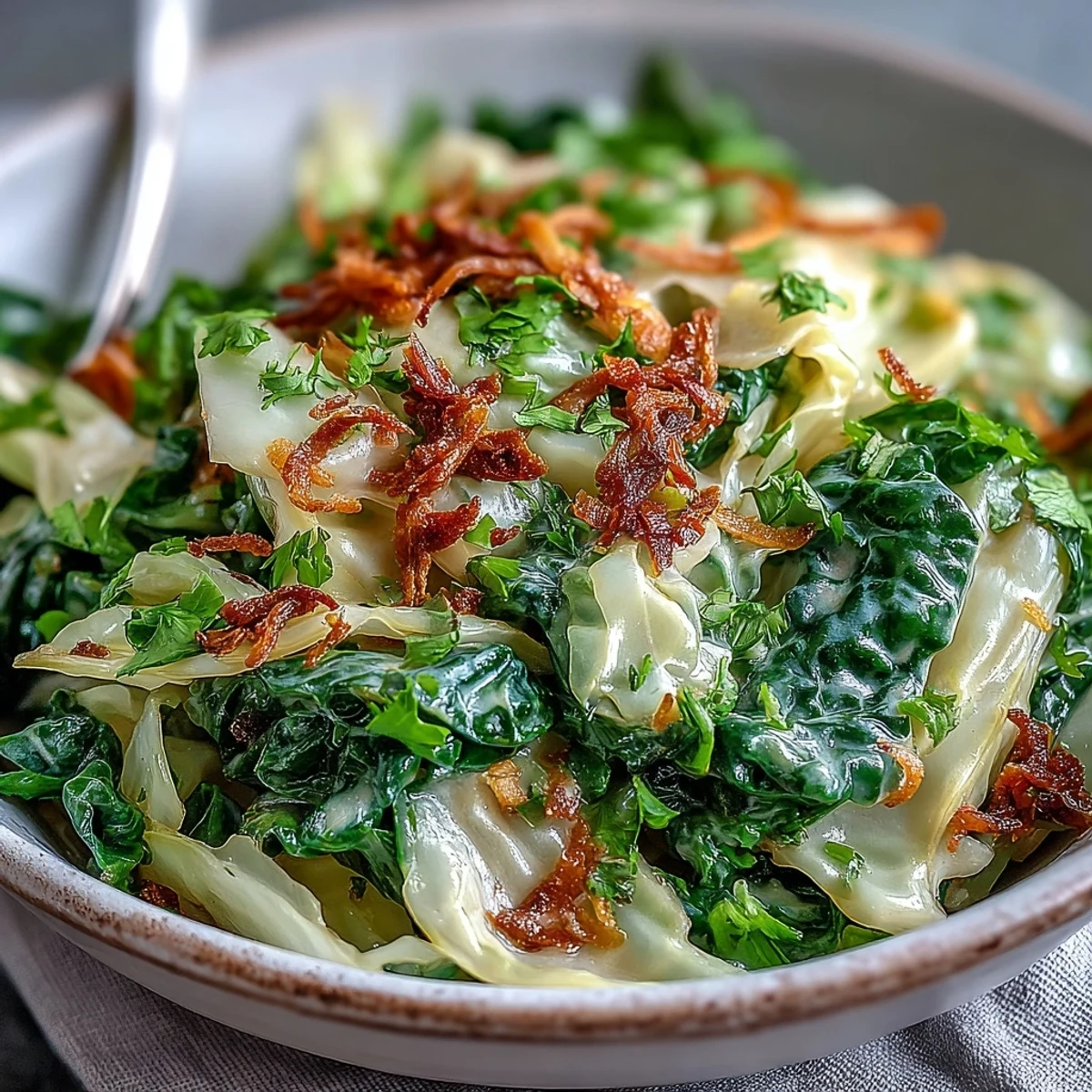 Tender slices of Coconut Braised Cabbage in a golden, creamy coconut milk sauce, garnished with fresh cilantro.