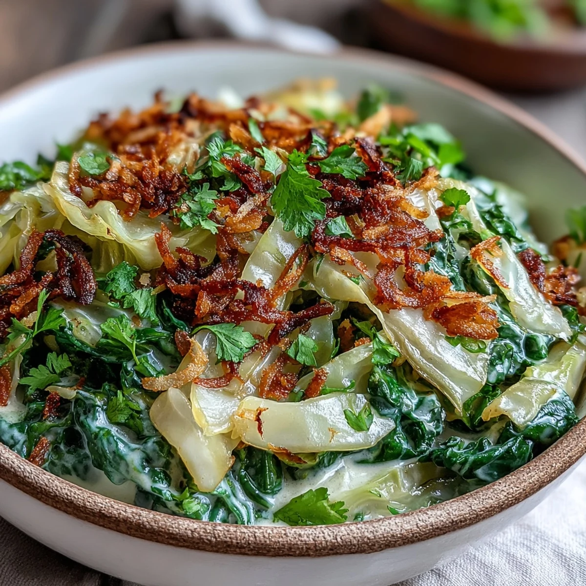 Vegan Coconut Braised Cabbage simmered until silky, topped with toasted coconut flakes for a savory and sweet finish.
