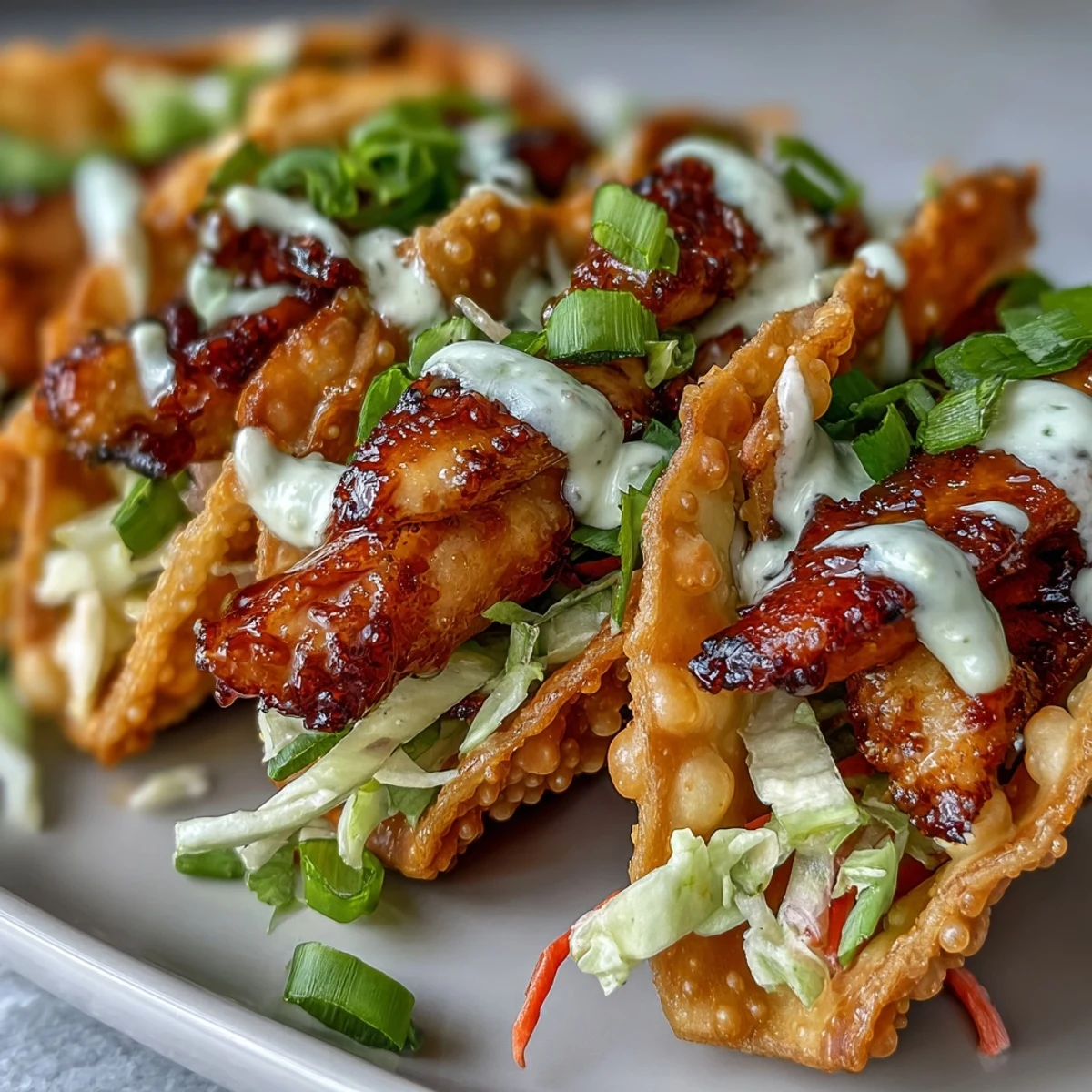 Crispy Chicken Wonton Tacos filled with spicy ginger chicken, crunchy red cabbage, and creamy sriracha mayo are drizzled with lime.