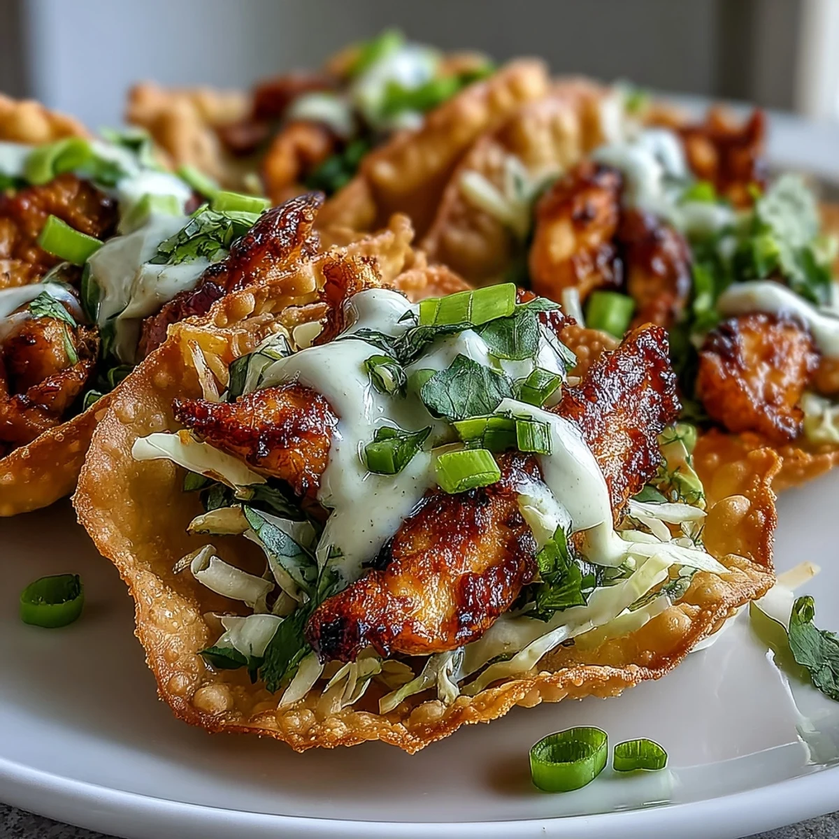 A platter of golden Crispy Chicken Wonton Tacos topped with fresh cilantro and green onions, served with lime wedges for brightness.