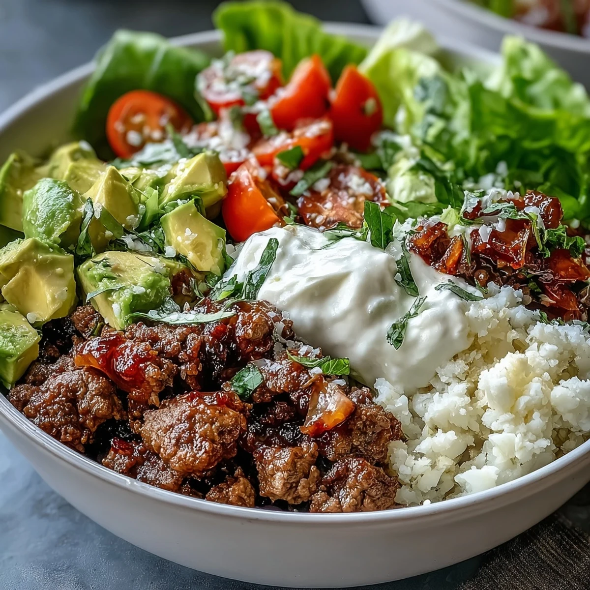 Flavor-packed Low Carb Burrito Bowl with seasoned ground beef, cauliflower rice, and fresh avocado and lime.