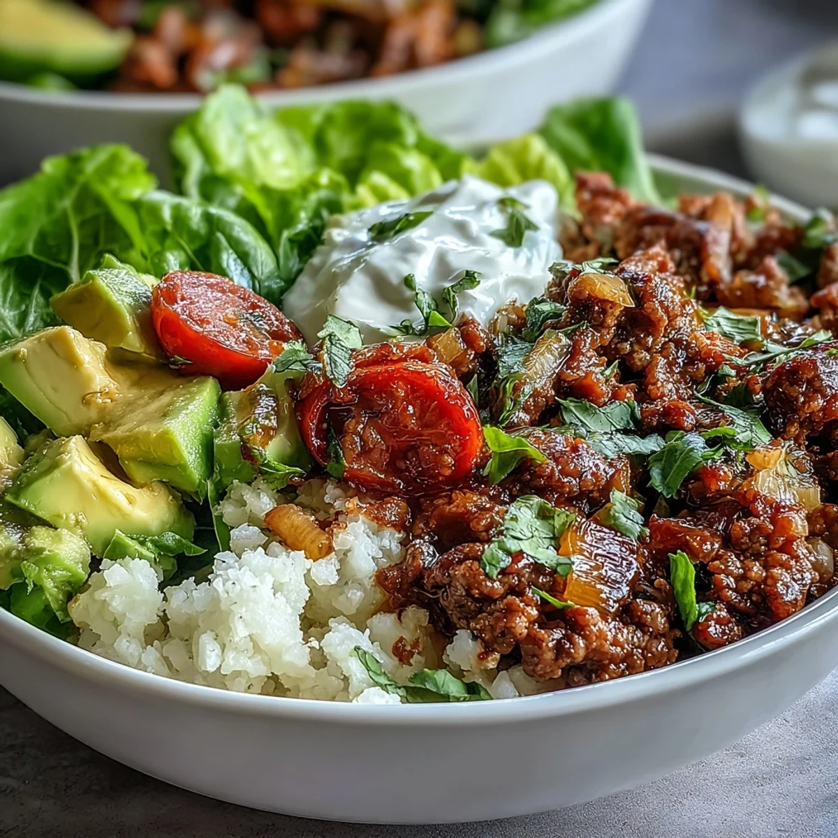 Colorful Low Carb Burrito Bowl featuring sizzling beef, crisp lettuce, and creamy avocado, served with a lime wedge.