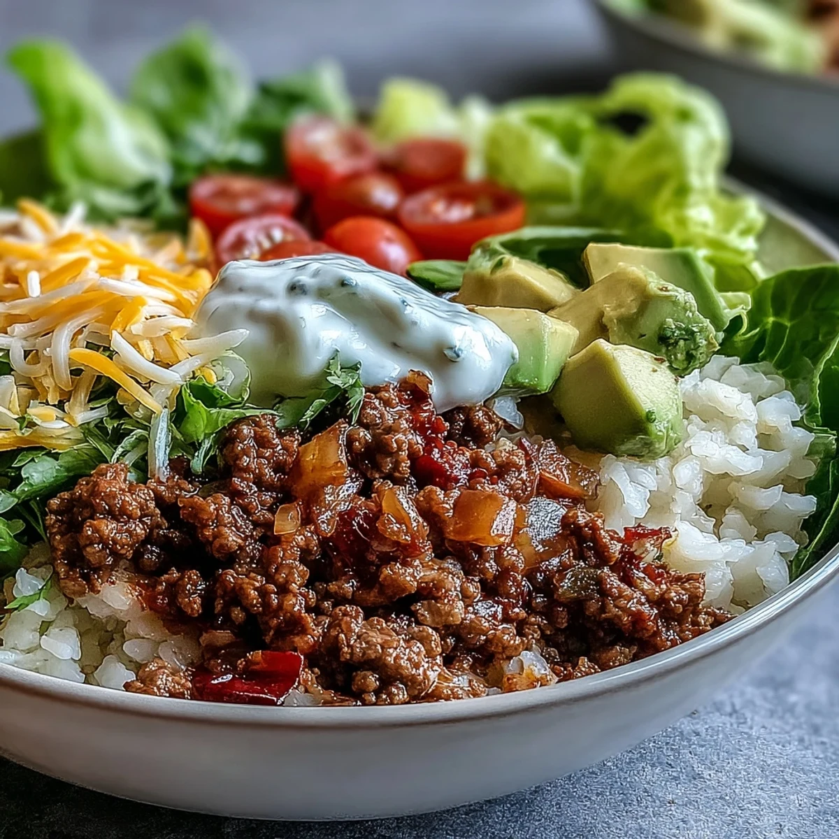 Easy Low Carb Burrito Bowl topped with juicy tomatoes, shredded cheddar, sour cream, and fresh cilantro garnish.