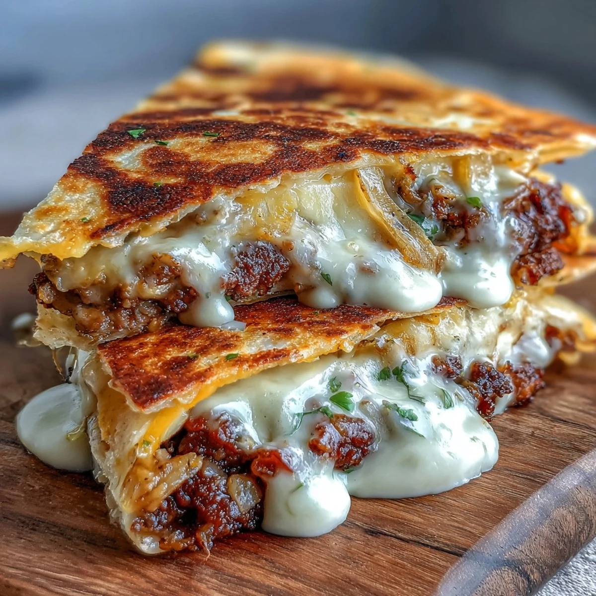 Griddled Cheesy Griddled Smashburger Quesadillas with melted cheddar and American cheese on a cutting board, topped with fresh cilantro and pickles.