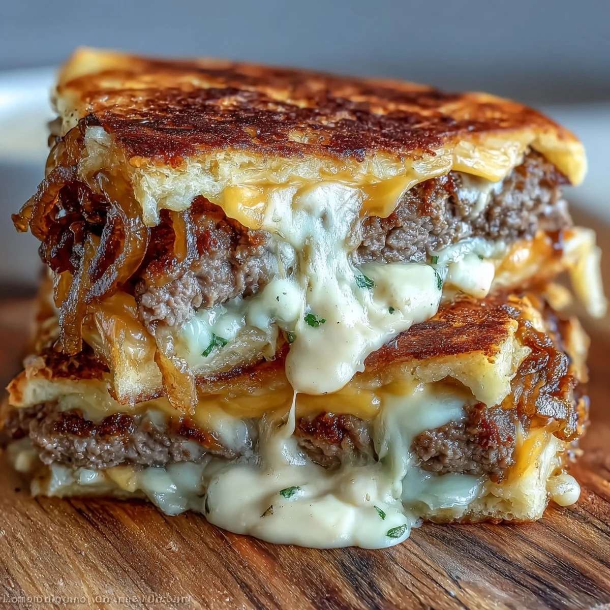A skillet holds a hot Cheesy Griddled Smashburger Quesadilla, showcasing a crispy tortilla layered with melted cheese, smashed beef patties, and sautéed onions.