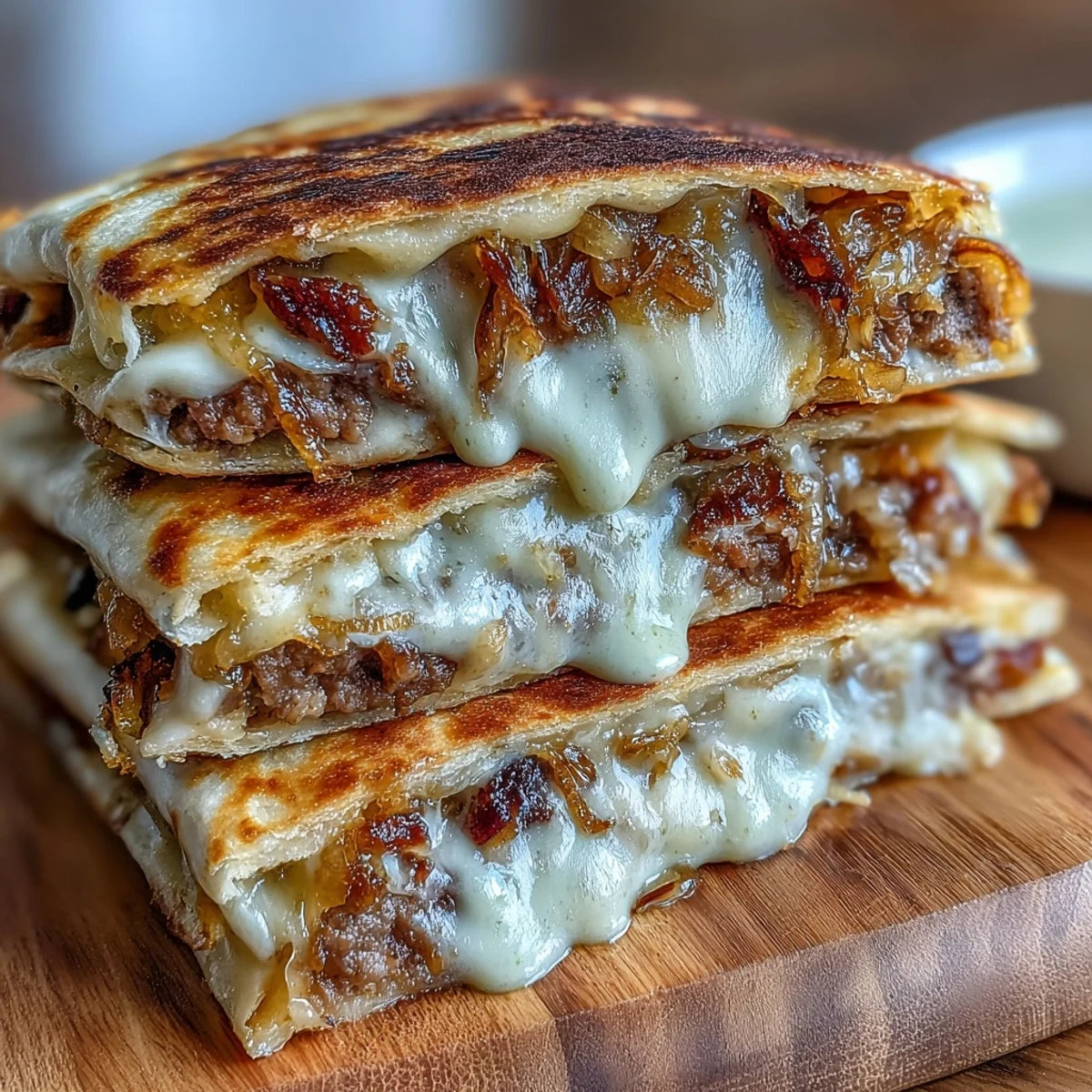 Golden-brown Cheesy Griddled Smashburger Quesadillas sliced into wedges, revealing thin smashburger patties and sweet onions with a drizzle of mayo-mustard sauce.