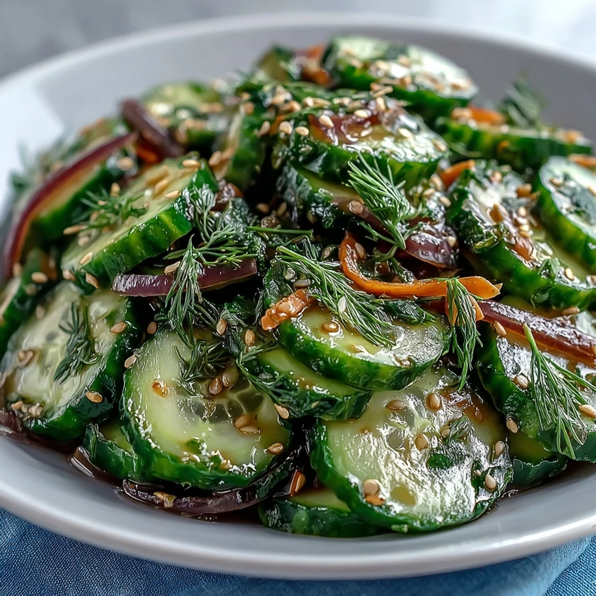 Bright and chilled bowl of Refreshing Crunchy Cucumber Salad garnished with fresh dill and sesame seeds.