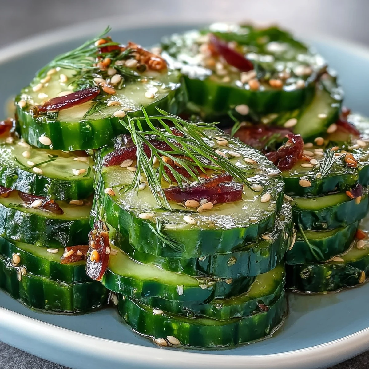 Healthy Refreshing Crunchy Cucumber Salad topped with herbs, ready to serve as a light lunch.