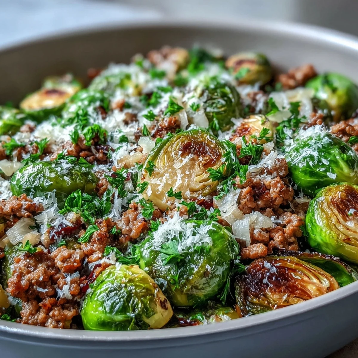 Golden-brown Brussels sprouts and savory ground turkey sizzle in a skillet with fresh parsley garnish.