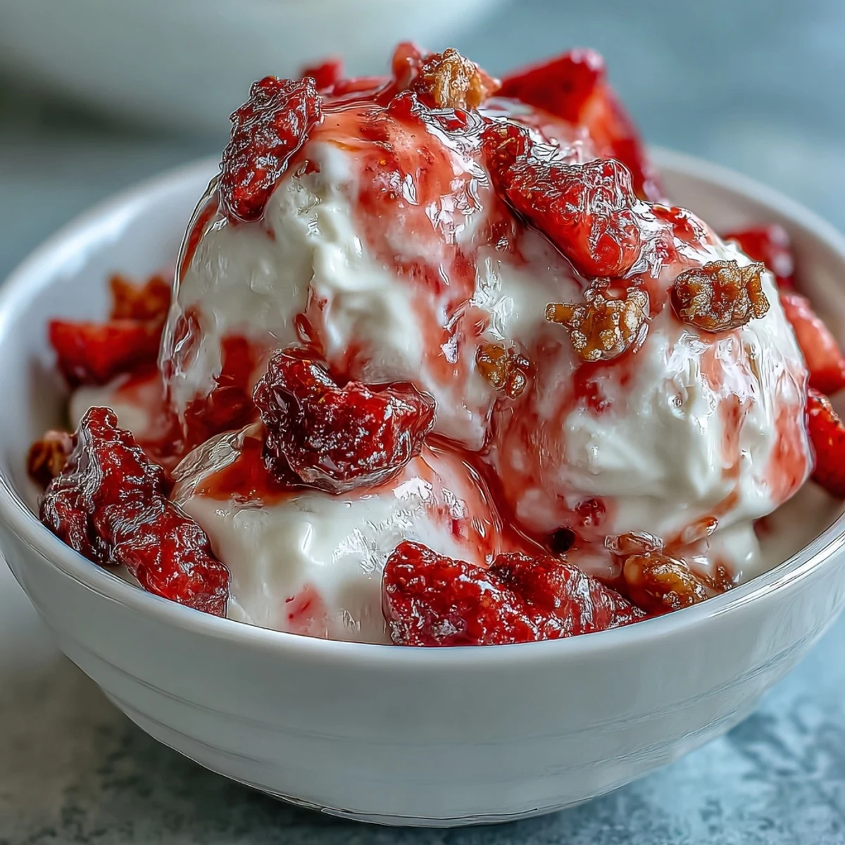 Frozen Strawberry & Banana Yoghurt Clusters, garnished with extra fruit chips on top, ready to serve as a refreshing treat.