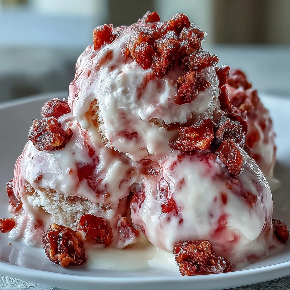 Close-up of homemade Strawberry & Banana Yoghurt Clusters on a baking sheet, showing creamy texture and vibrant freeze-dried fruit toppings.