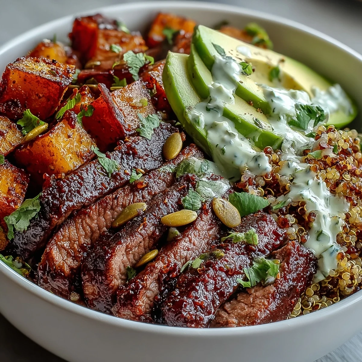 Golden roasted butternut squash steak bowls are served over fluffy quinoa with creamy avocado and vibrant greens.