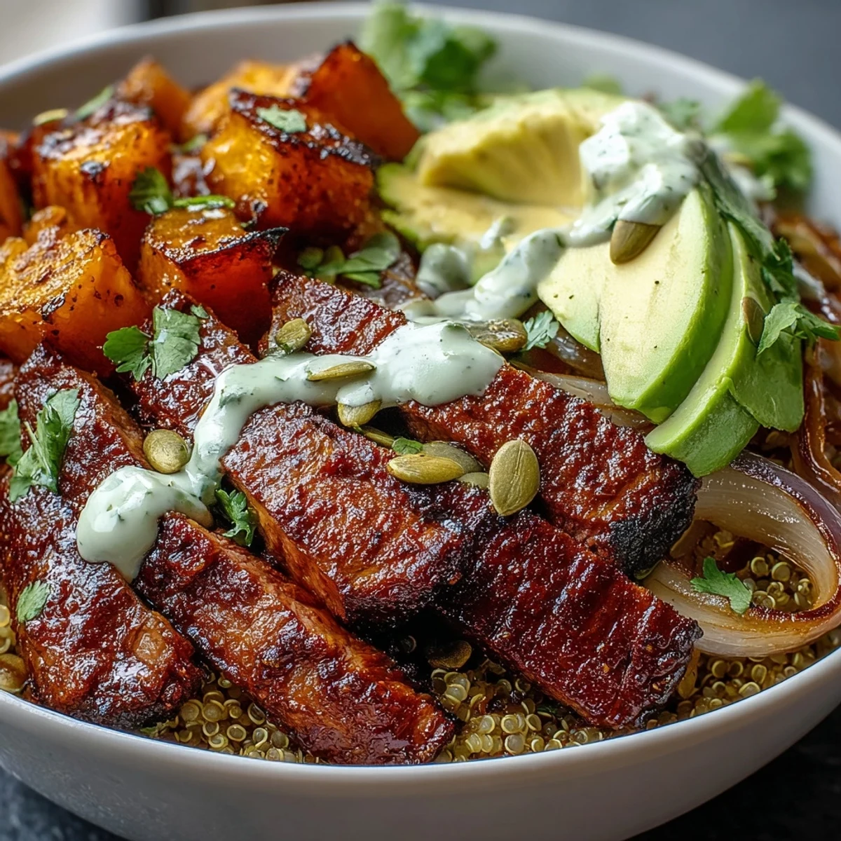 A close-up of butternut squash steak bowls shows tender squash, toasted pepitas, and red onion on greens.