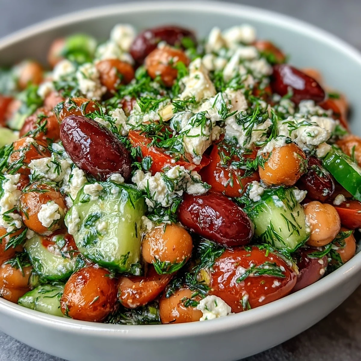 Bright Greek Bean Salad with lemon-oregano beans, crisp cucumber, and juicy tomatoes topped with crumbled feta and olives. 