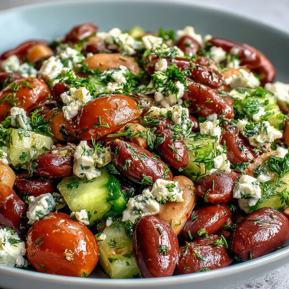 Colorful Greek Bean Salad served in a rustic bowl, surrounded by fresh dill, parsley, and warm flatbread for a Mediterranean lunch. 