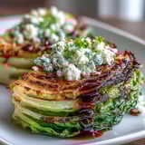 Golden Crispy Cabbage Steaks With Feta and Balsamic on a dinner plate.