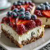 Creamy no-bake cheesecake base topped with blueberries and strawberries arranged as an American flag for Independence Day.