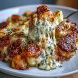 Creamy scalloped potatoes baked with layers of cheddar and mozzarella cheese, golden and bubbling in a casserole dish.