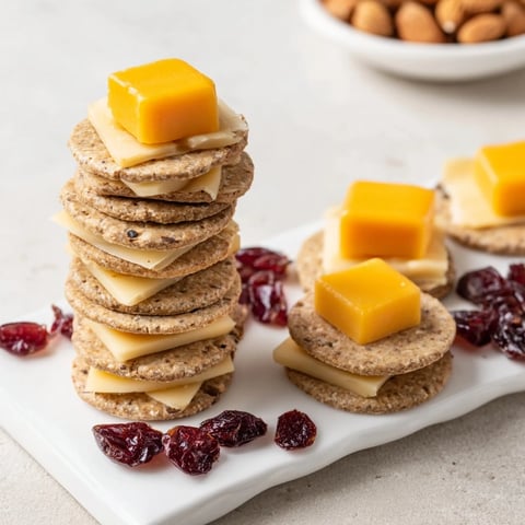 Stacked Work From Home Desk Treat: crackers topped with cheese cubes and optional, colorful cranberries.