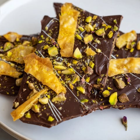 Close-up photo of Pistachio Dubai Chocolate Bark, glistening with white chocolate drizzle, ready to be enjoyed.