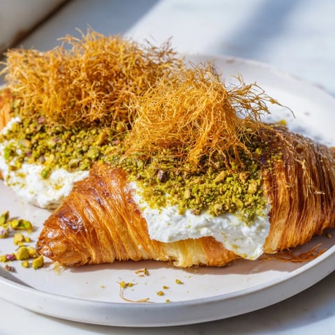 Golden, flaky layers of pistachio cream croissants, a delightful French pastry for brunch.