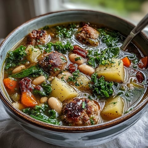 Steaming Tuscan White Bean Sausage Soup ladled into a rustic white bowl, featuring crumbled sausage, creamy cannellini beans, and tender kale garnished with grated Parmesan cheese.