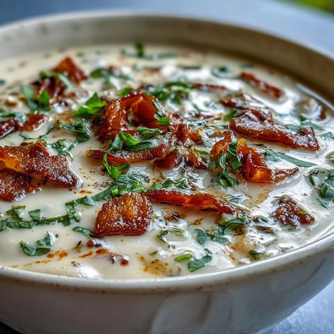 Creamy Tuscan White Bean Soup steaming in a rustic bowl, topped with crispy pancetta, fresh basil, and a drizzle of olive oil. 