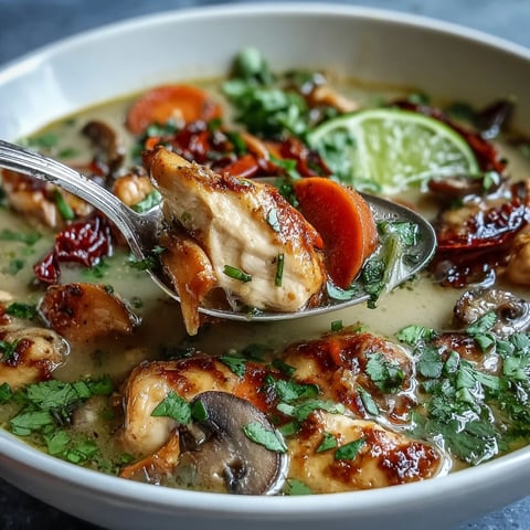 Steaming Thai Coconut Curry Soup in a rustic bowl with chicken, mushrooms, and carrots, topped with fresh cilantro and lime wedges. 