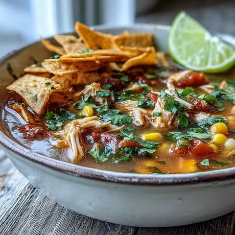 Best Chicken Tortilla Soup in a rustic bowl, topped with golden tortilla strips, sliced avocado, and a lime wedge.