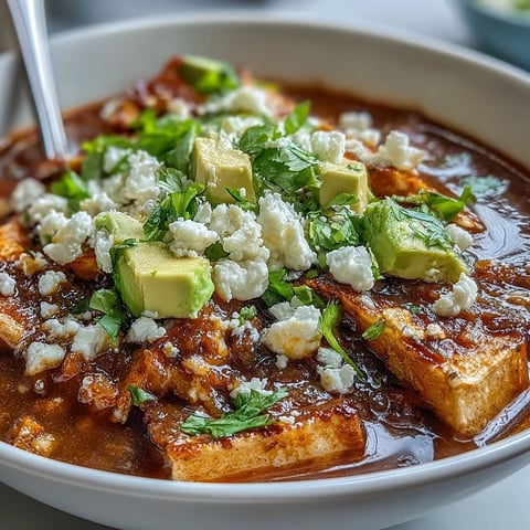 Golden Sopa Azteca with crispy tortilla strips, diced avocado, and creamy panela cheese in a smoky red broth.