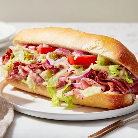 Toasted hoagie rolls stuffed with chopped Italian grinder sandwich fillings of salami, pepperoni, and crisp lettuce.  
