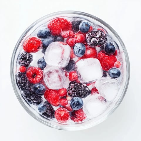 A vibrant Natures Cereal Bowl with mixed berries in chilled coconut water over ice for a refreshing breakfast.  