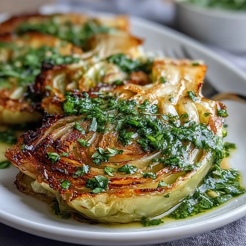 Thick golden cabbage steaks roasted and topped with jalapeño chimichurri.
