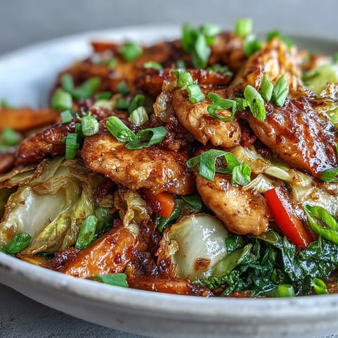 A close-up of Chicken Cabbage Stir-Fry with juicy chicken and crisp vegetables coated in a glossy, savory sauce.