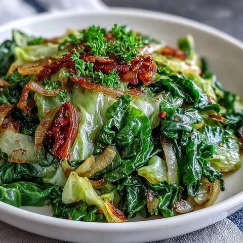 Freshly sautéed cabbage with garlic and Mediterranean spices glistens in a skillet, topped with bright parsley and lemon wedges.
