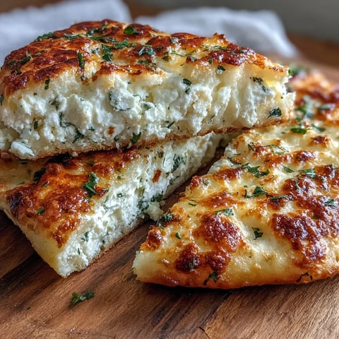 Golden-brown Fluffy Cottage Cheese Flatbread bubbling in a skillet, releasing aromatic garlic and herb steam.