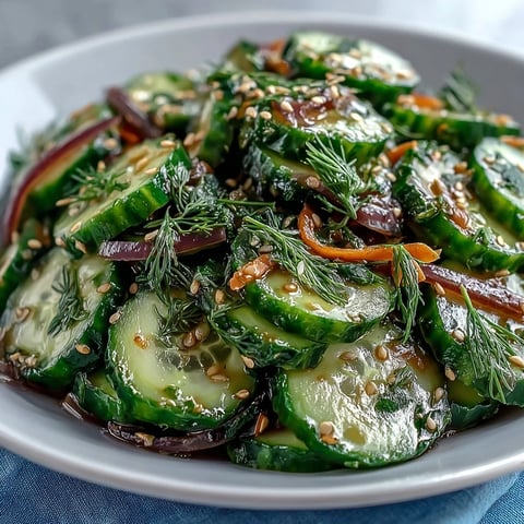 Bright and chilled bowl of Refreshing Crunchy Cucumber Salad garnished with fresh dill and sesame seeds.