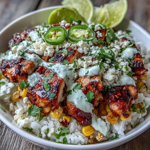 Sliced citrus-marinated chicken thighs, fluffy rice, and smoky charred corn topped with zesty crema and crumbled cotija cheese in Street Corn Chicken and Rice Bowls. 