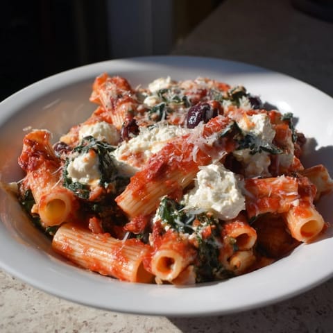 This Olive-Warm Baked Ziti showcases creamy ricotta, tender pasta, and a rich tomato sauce, ready to serve.