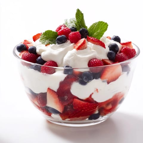 A close-up of a Berry Parfait: creamy whipped cream topping juicy mixed berries in a glass.