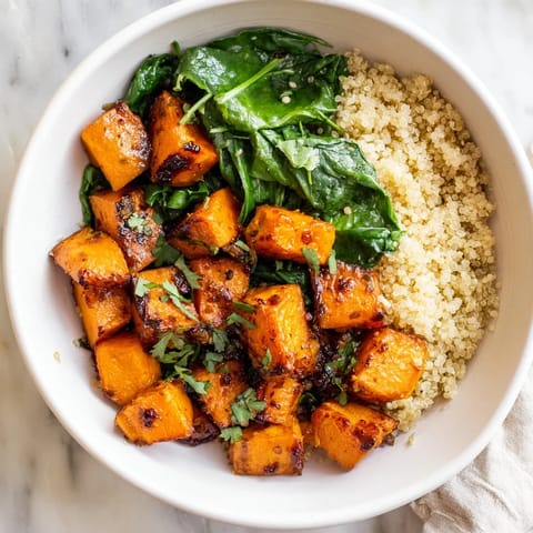 Hearty Warm Herb Bowl with colorful roasted vegetables is beautifully garnished with fresh herbs and seeds.