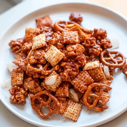 This homemade Party Mix boasts a sweet and crunchy texture, perfect for holiday gatherings and parties.