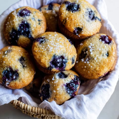 Fluffy mini blueberry muffins, arranged in a woven basket, perfect for a cozy afternoon snack.